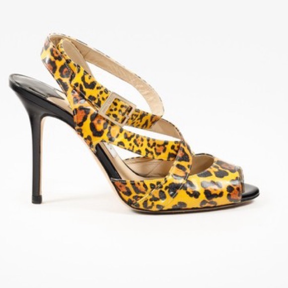 Jimmy Choo Witty Collection Yellow & Black Animal Print Ankle Strap Heel Sandals